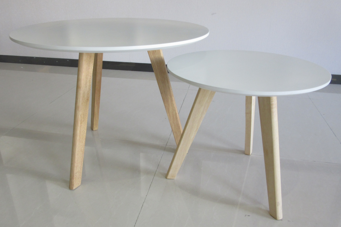 Nesting Round Coffee Table Set, 2-Piece White Top Light Wood Legs