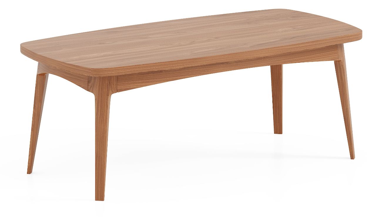 Mid-Century Rounded Rectangle Walnut Wood Coffee Table with Splayed Tapered Legs