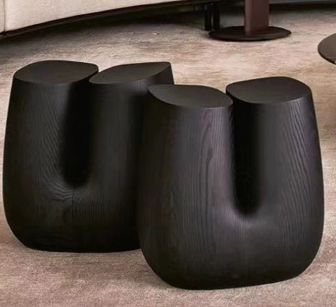 Modular Interlocking Dark Solid Wood Sculptural Side Table Set