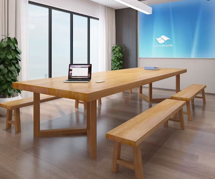 Natural Solid Wood Rectangular Conference Table Set with 4 Matching Backless Benches
