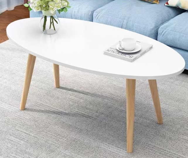 Modern Nordic Oval White Coffee Table with Solid Wood Splayed Legs