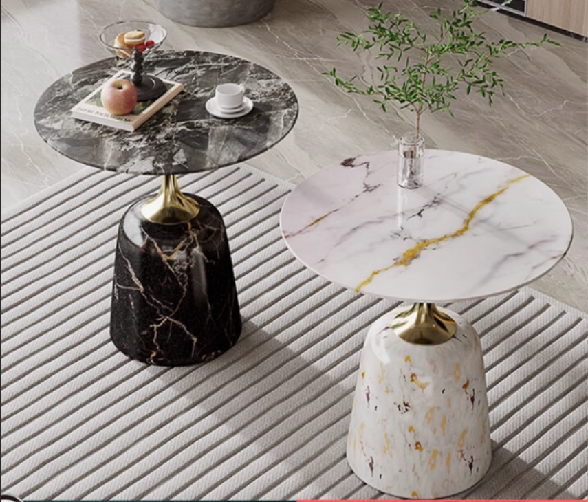 2-Piece Round Nesting Side Table Set with Veined Stone Tops and Bell Pedestal Bases