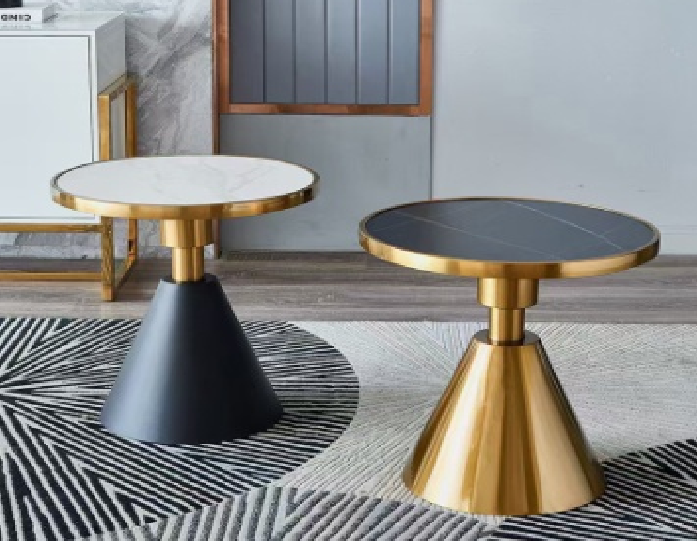 Modern Luxury Round Pedestal Coffee Table with Metal Rim and Conical Base