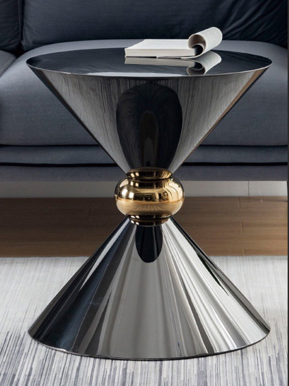 Modern Sculptural Round Coffee Table with Polished Metal Hourglass Pedestal and Gold Waist Accent