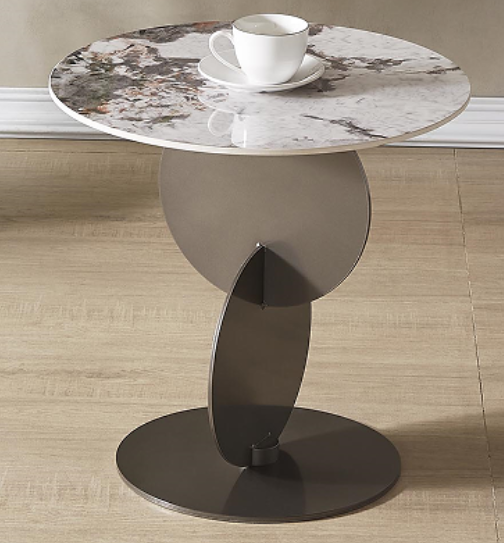 Contemporary Round Patterned Stone Top Sculptural Metal Base Side End Table