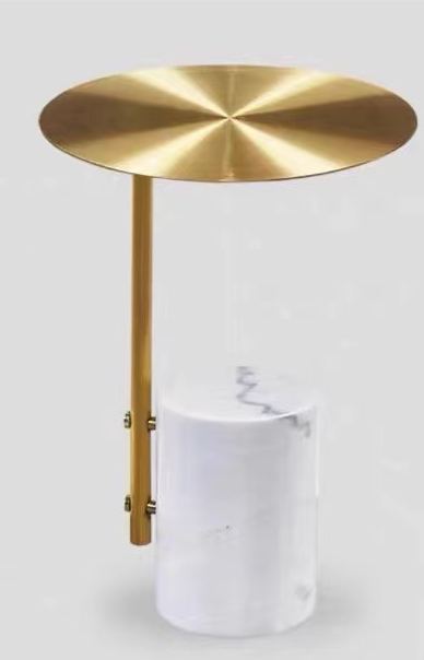 Asymmetric Cantilevered Round Brushed Brass Side Table with Cylindrical White Marble Base