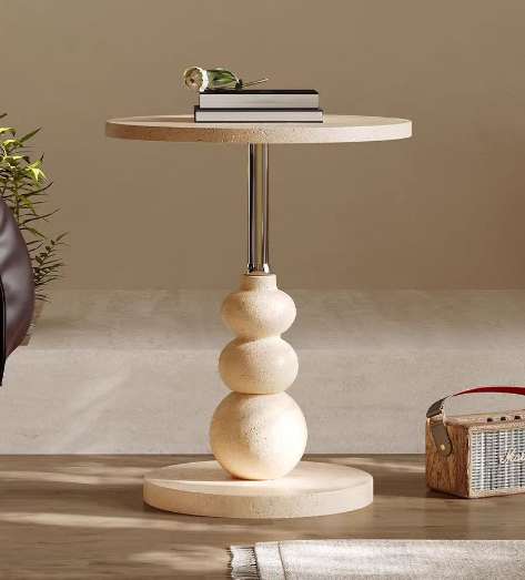 Beige Travertine-style Stacked Sphere Pedestal Round Side Table