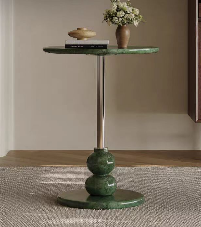 Polished Green Stone Round Pedestal Side Table with Chrome Center Column and Double Sphere Decorative Base