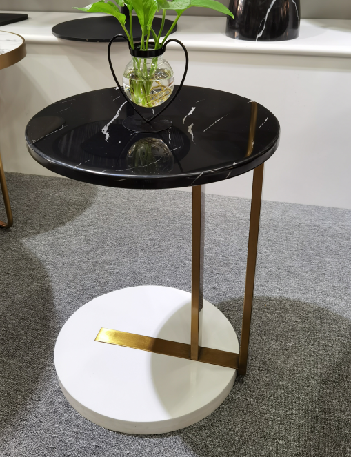 Round Black Veined Marble Top Side Table with Gold Metal Frame and White Base