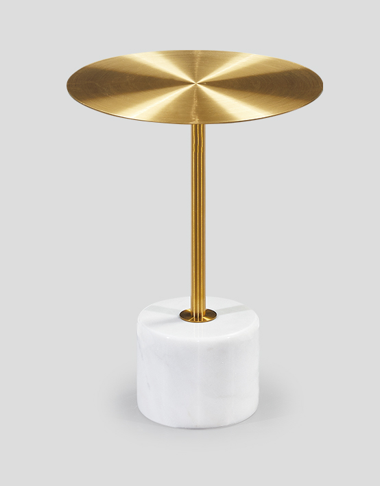Round Brushed Brass Pedestal Side Table with White Marble Cylinder Base