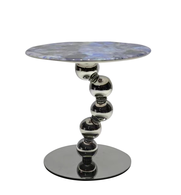 Polished Chrome Stacked Ball Pedestal Side Table with Marbled Round Top