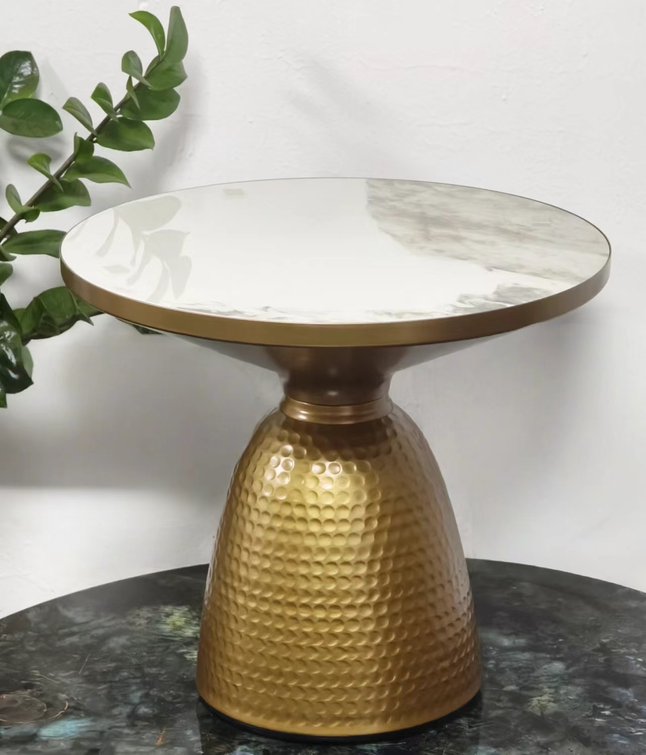 Round Hammered Gold Base Side Table with Marble Effect Glass Top