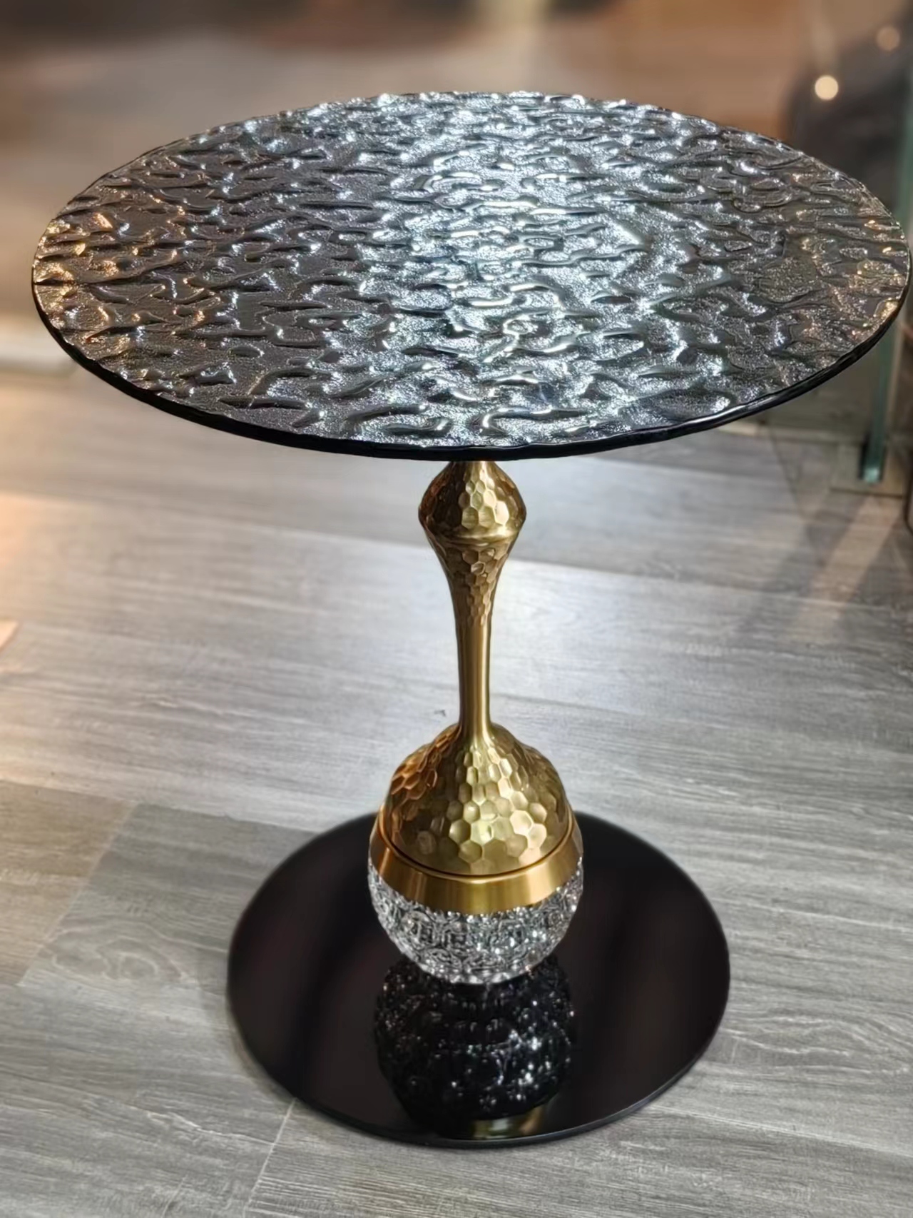 Round Hammered Metal Pedestal Accent Side Table with Crystal Accent