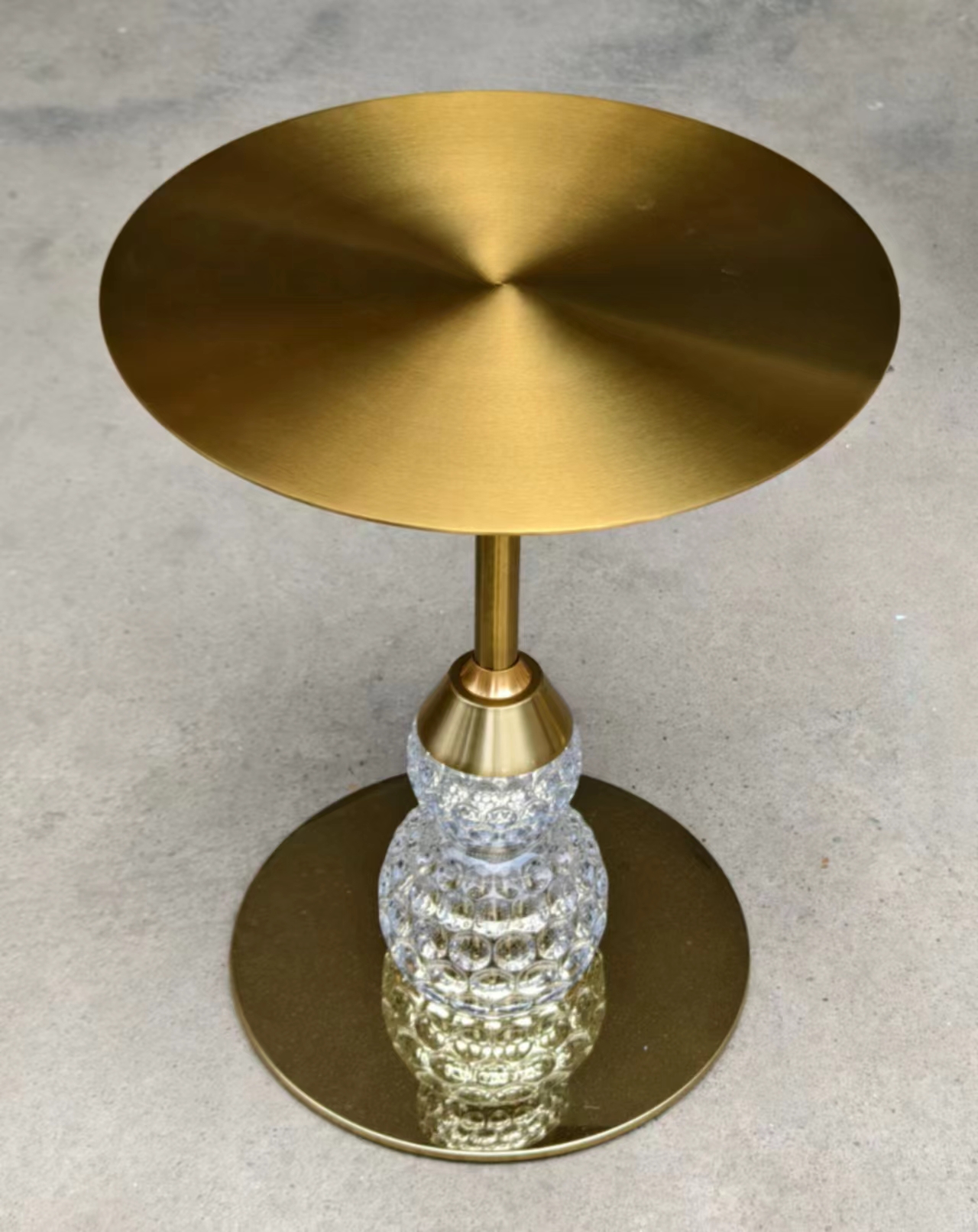 Brushed Brass Pedestal Side Table with Hobnail Glass Accent