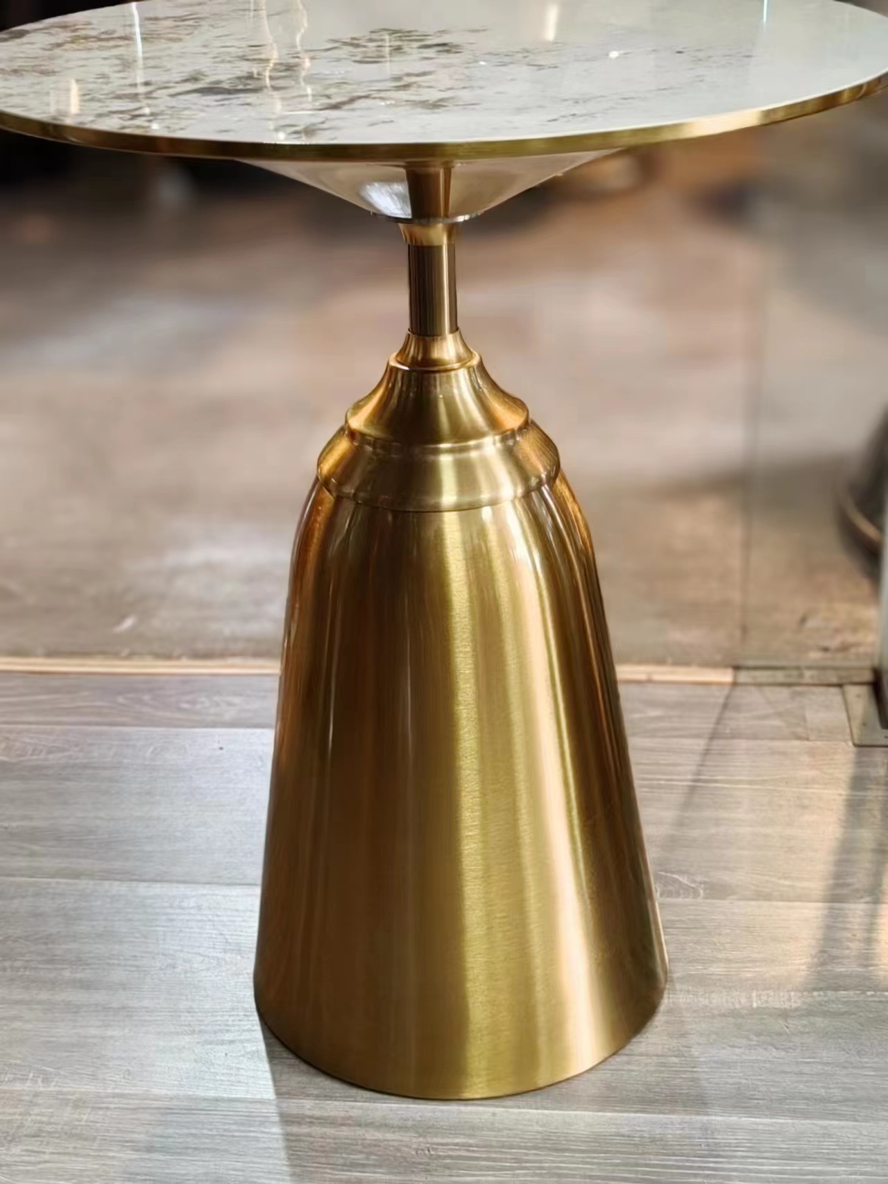 Round Marble-Pattern Top Brushed Brass Bell Pedestal Accent Side Table