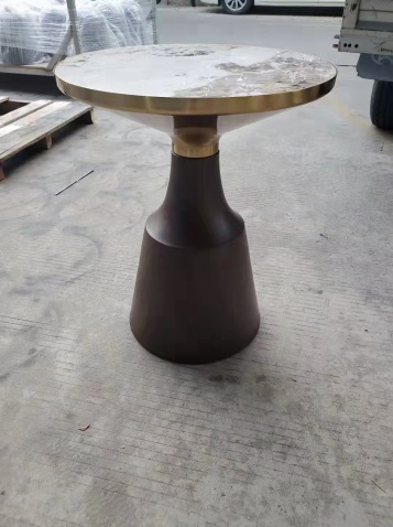Round Polished Stone Top Pedestal Side Table with Brass Accents