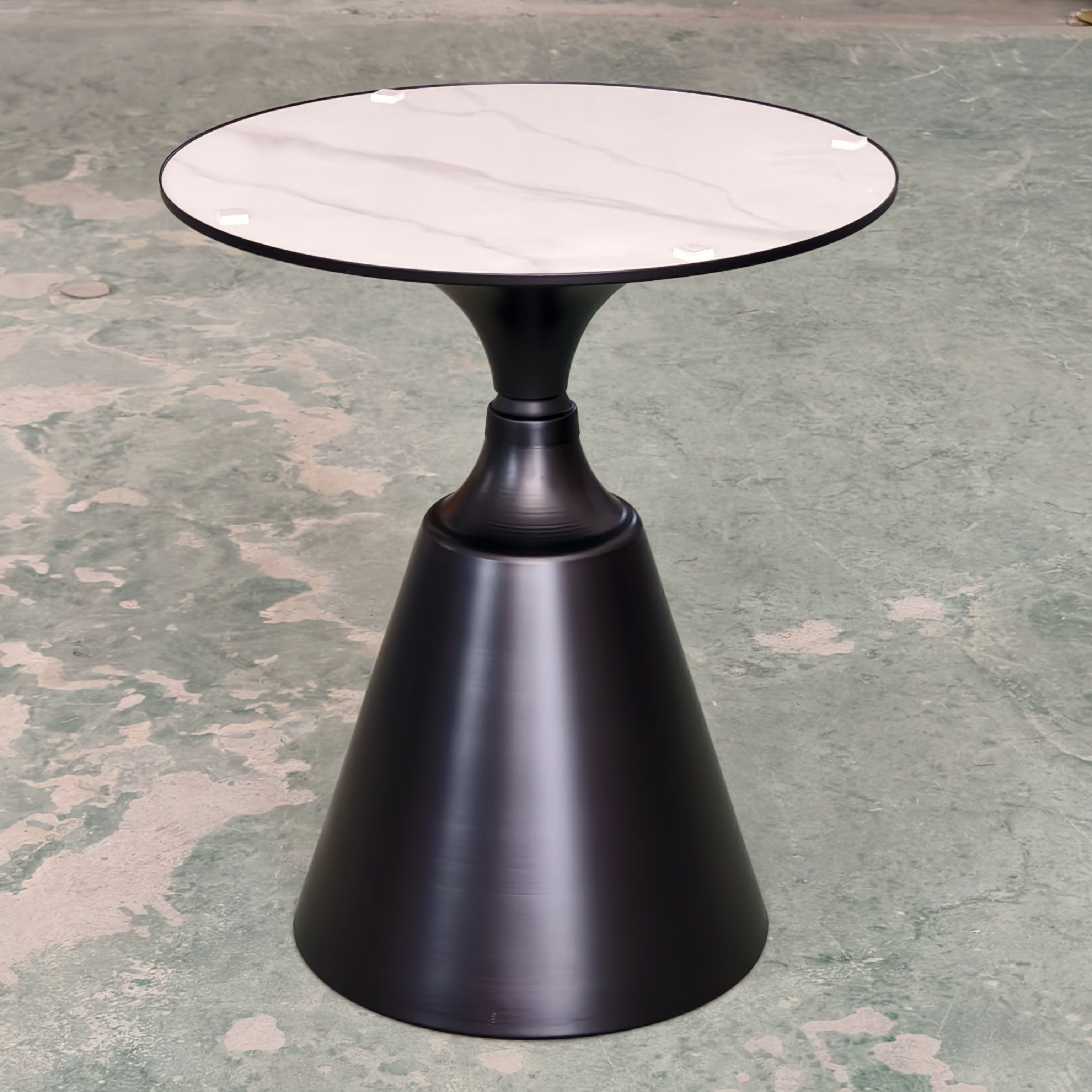 Round Pedestal Accent Side Table with Marble-Look Top and Matte Black Hourglass Base