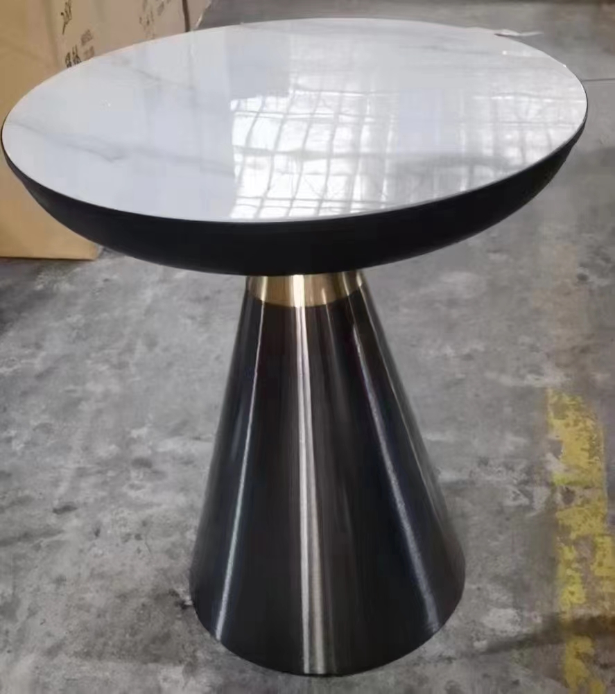 Round Glossy White Marble-Effect Side Table with Black Conical Pedestal and Brass Accent Ring