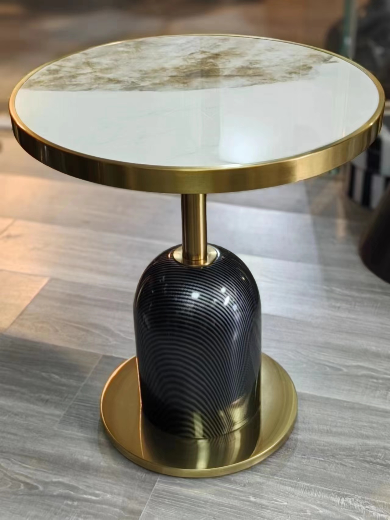Modern Round Pandora Stone Top Pedestal Side Table with Gold Trim and Ribbed Black Base