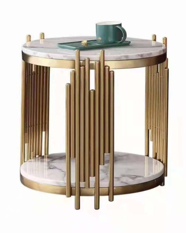 Two-Tier Round White Veined Marble Side Table with Brushed Gold Staggered Vertical Tube Frame