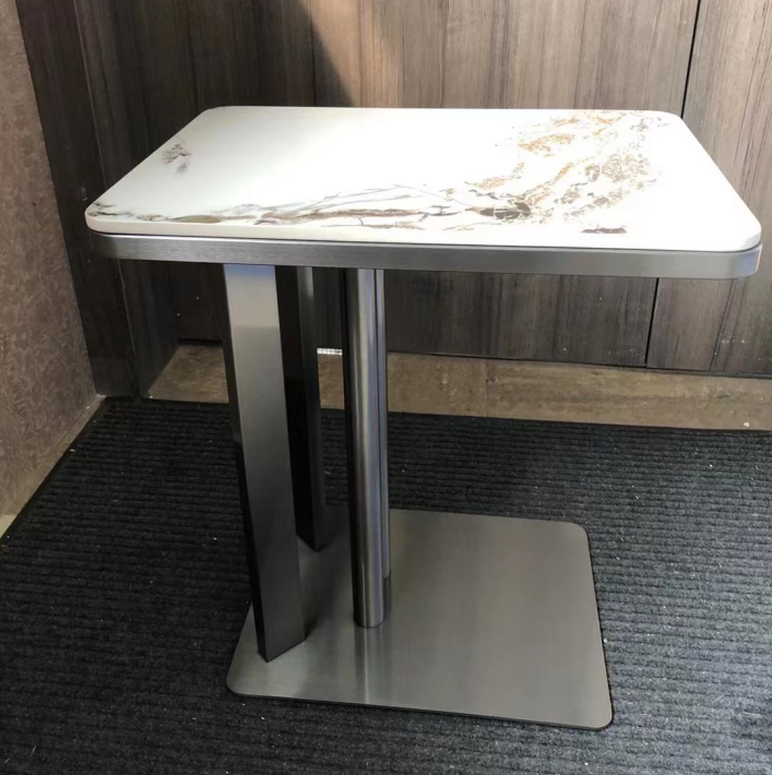 Contemporary Brushed Stainless Steel C-Shaped Sintered Stone Sofa Side Table