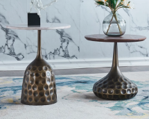 Set of 2 Round Nesting Pedestal Side Tables with Bronze Textured Bell Bases, Mixed Light/Dark Wood Tops