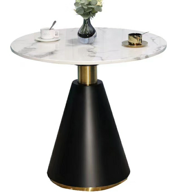 Round 2-Seat Bistro Dining Table with Veined White Top and Black Conical Brass-Accent Pedestal
