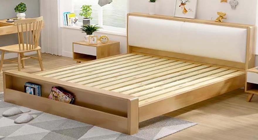 Light Oak Upholstered Platform Bed with Headboard Shelf and Footboard Storage