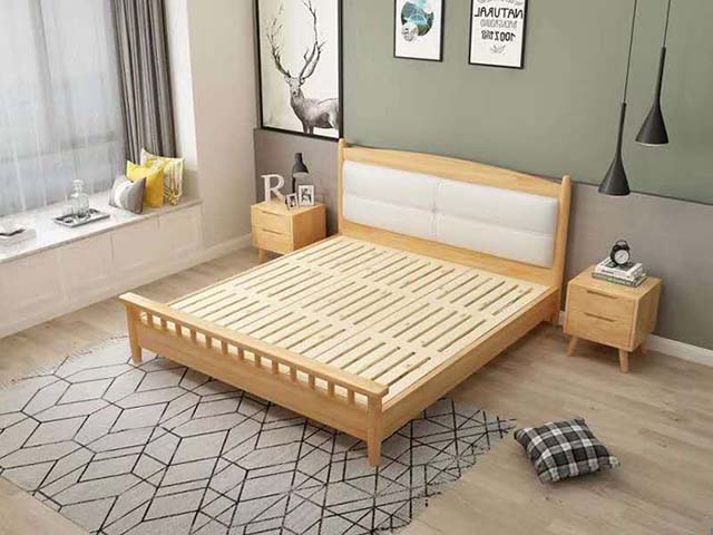 Nordic Natural Solid Wood Queen Platform Bed with Upholstered Headboard and Open Slat Footboard