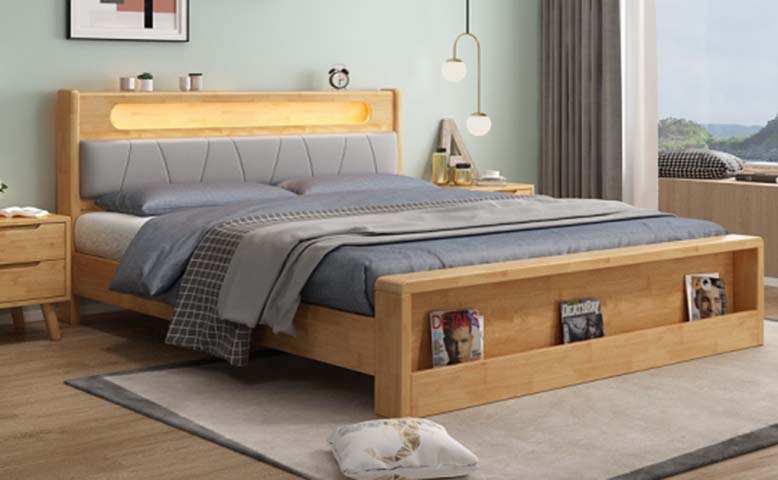 Light Wood Queen Platform Bed with Gray Upholstered LED Headboard and Footboard Storage Niche