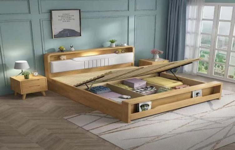 Light Wood Hydraulic Lift Storage Bed with Shelf Headboard and Footboard Cubbies