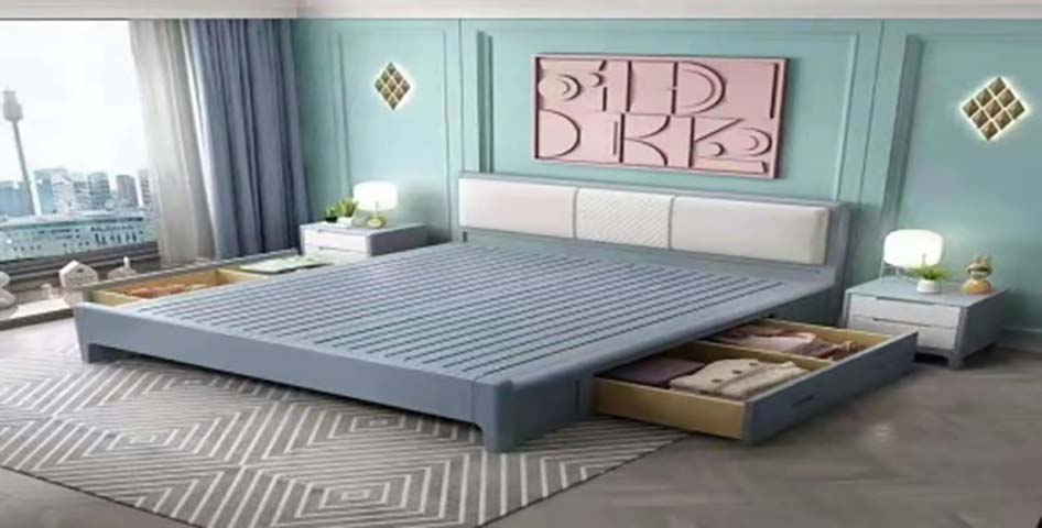 Light Grey Upholstered Storage Bed with 4 Pull-Out Side Drawers