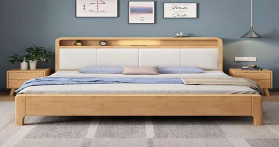 Light Solid Wood Upholstered Storage Headboard Platform Bed with LED