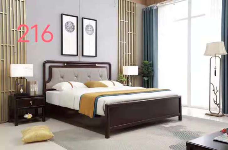 New Chinese Style Upholstered Wooden Double Bed with Tufted Gray Headboard