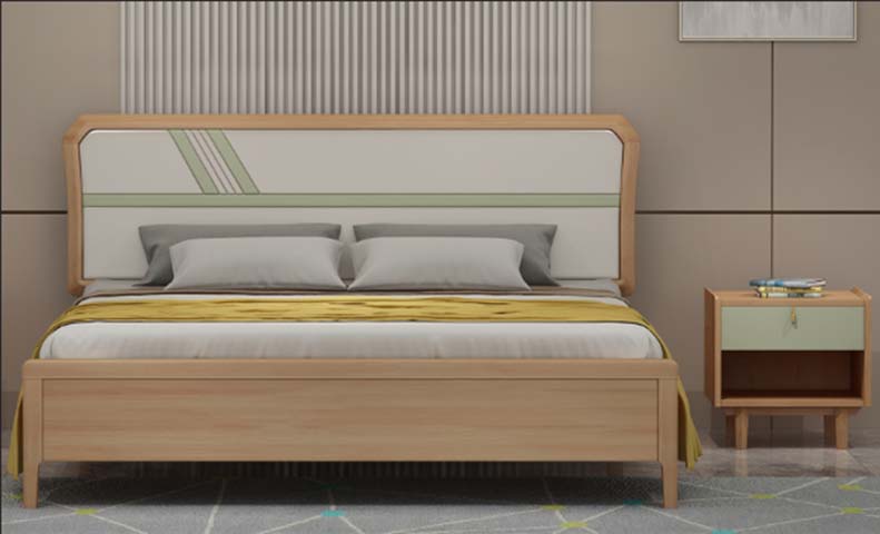 Light Oak Upholstered Headboard Queen Platform Bed