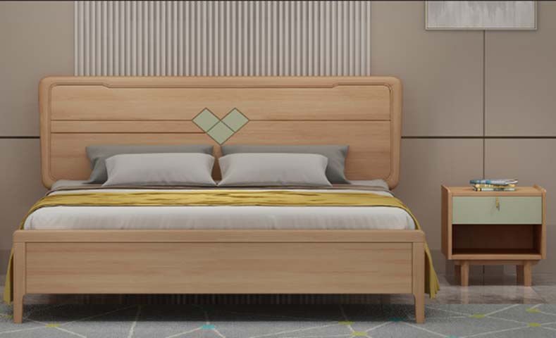 Nordic Natural Solid Wood Platform Bed with Sage Green Heart Inlay