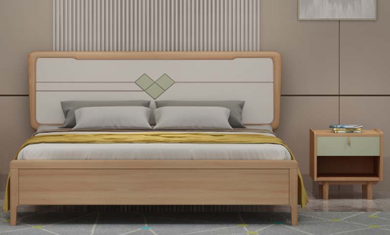 Nordic Light Wood Upholstered Double Platform Bed with Decorative Diamond Headboard