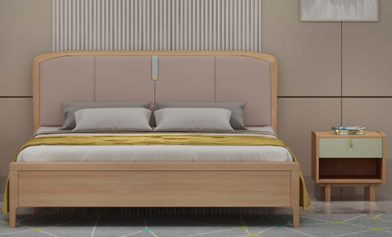 Light Wood Upholstered Platform Bed with Matching 1-Drawer Nightstand Bedroom Set