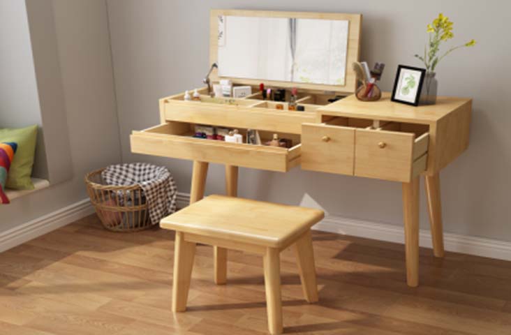 Natural Light Wood Flip-Top Mirror Vanity Table Set with Matching Stool