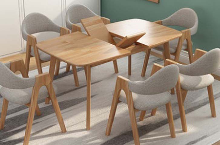 Light Wood Extendable Rounded Square Dining Set with 6 Upholstered Armchairs