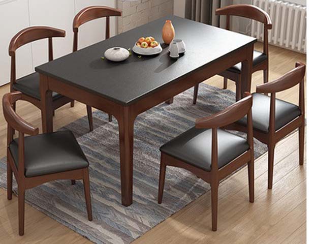 Mid-Century Rectangular 6-Seater Walnut Frame Black Top Dining Table