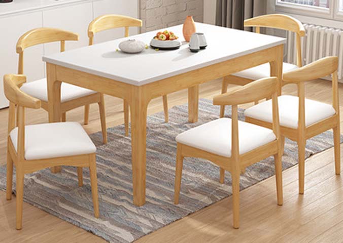 Nordic Style 6-Seater Rectangular Dining Table with White Tabletop and Light Solid Wood Frame