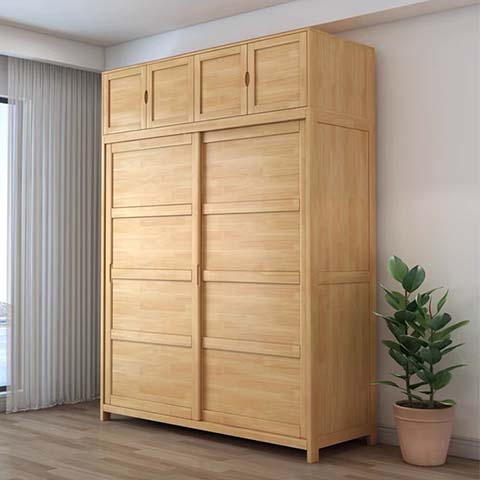 Solid Wood Freestanding Sliding Door Wardrobe with Top Storage Cabinet