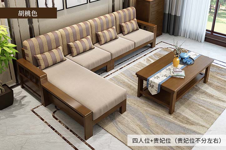 Walnut Finish L-Shaped Solid Wood Sectional Sofa
