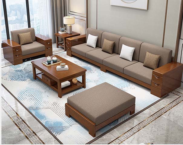 Walnut-Tone Solid Wood Frame Taupe Fabric Upholstered Living Room Sofa Set with Storage Drawers, Matching Ottoman, Coffee Table and Side Table