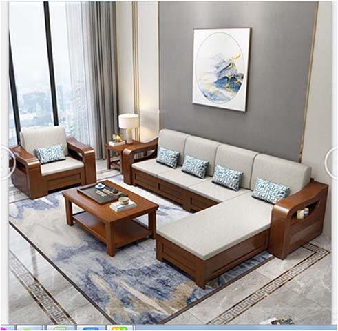 New Chinese Style Walnut-Tone Solid Wood L-Shaped Fabric Sectional Sofa with Under-Seat Storage and Chaise