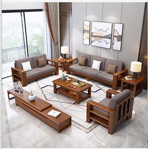 New Chinese Style Walnut Finish Solid Wood Grey Fabric Living Room Sofa Set with Matching Tables
