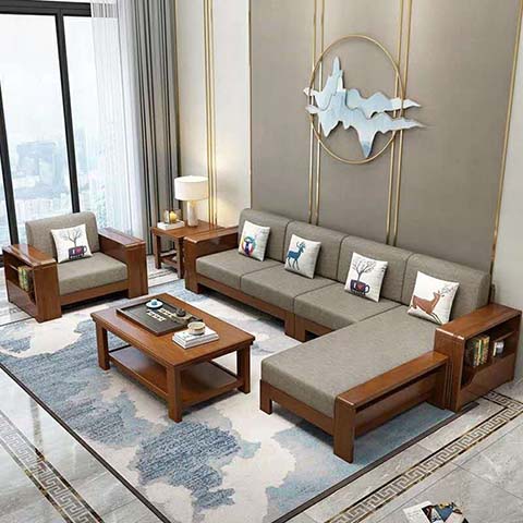 New Chinese Style Solid Wood Fabric L-Shaped Sectional Sofa with Right Chaise and Armrest Storage