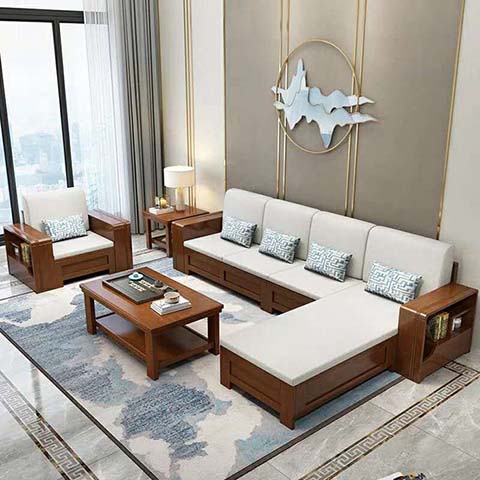 New Chinese Style Solid Wood L-Shaped Fabric Sectional Sofa with Right Chaise and Arm Storage