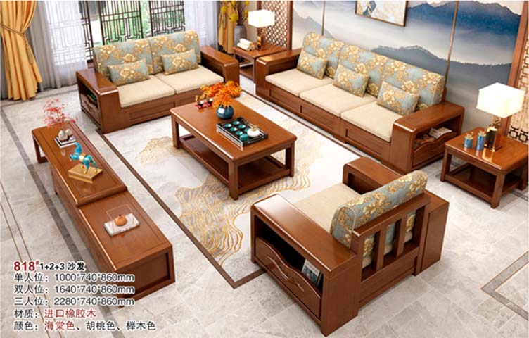New Chinese Style Imported Rubberwood 1+2+3 Upholstered Living Room Sofa Set with Matching Coffee and End Tables